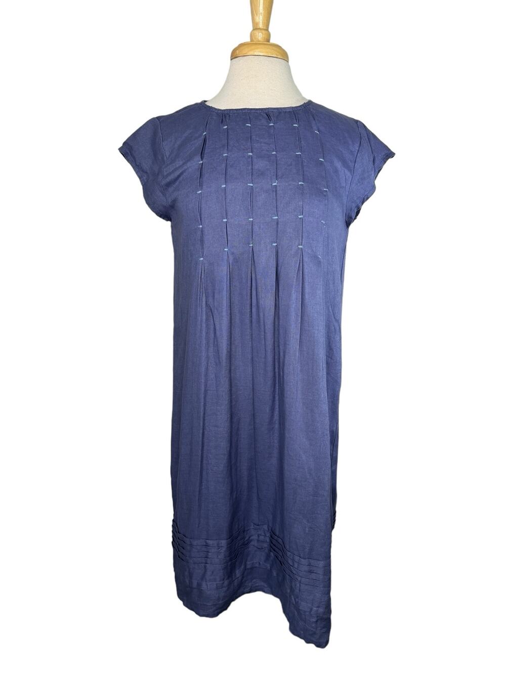 SUNDANCE Periwinkle Pleated Bodice Hem 100% Linen Shift Dress Size Small Purple